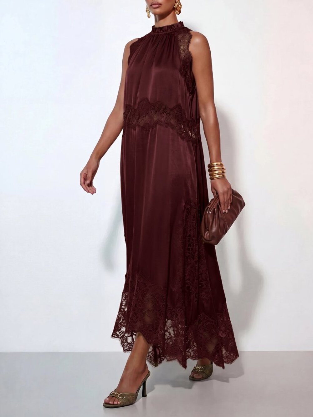 Burgundy Elegant Women's Contrast Lace Sleeveless Dress